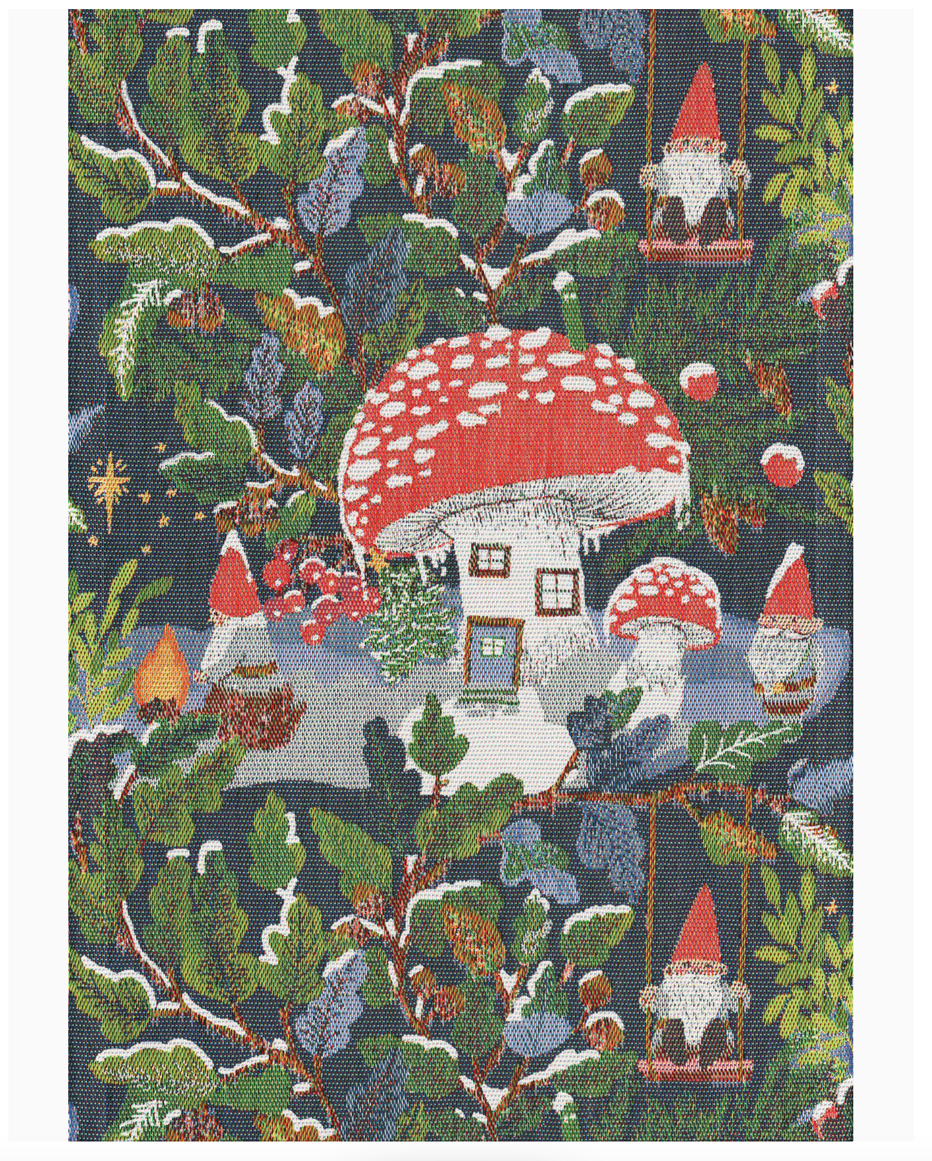 Fabric pattern with gnomes, mushrooms, and a house in a forest setting.