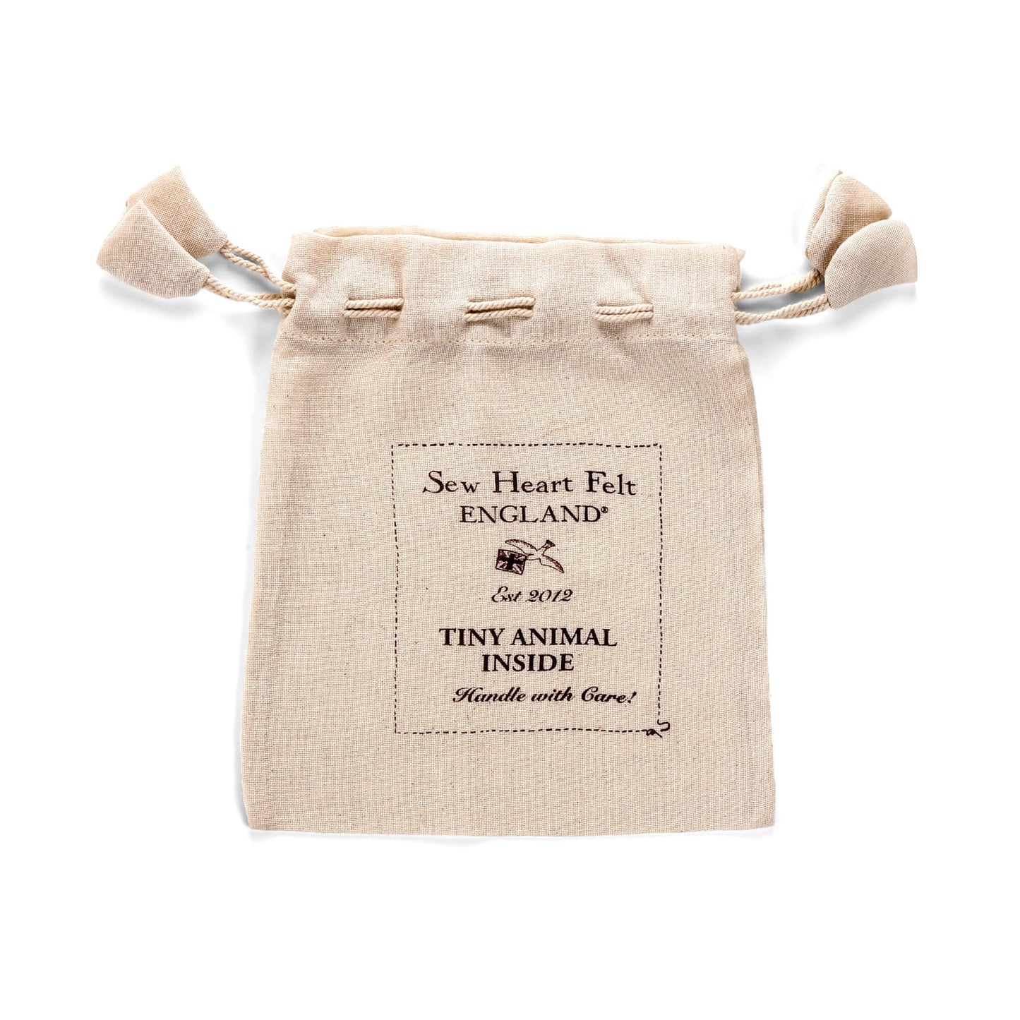 Beige drawstring pouch with 'Sew Heart Felt England' branding on a white background