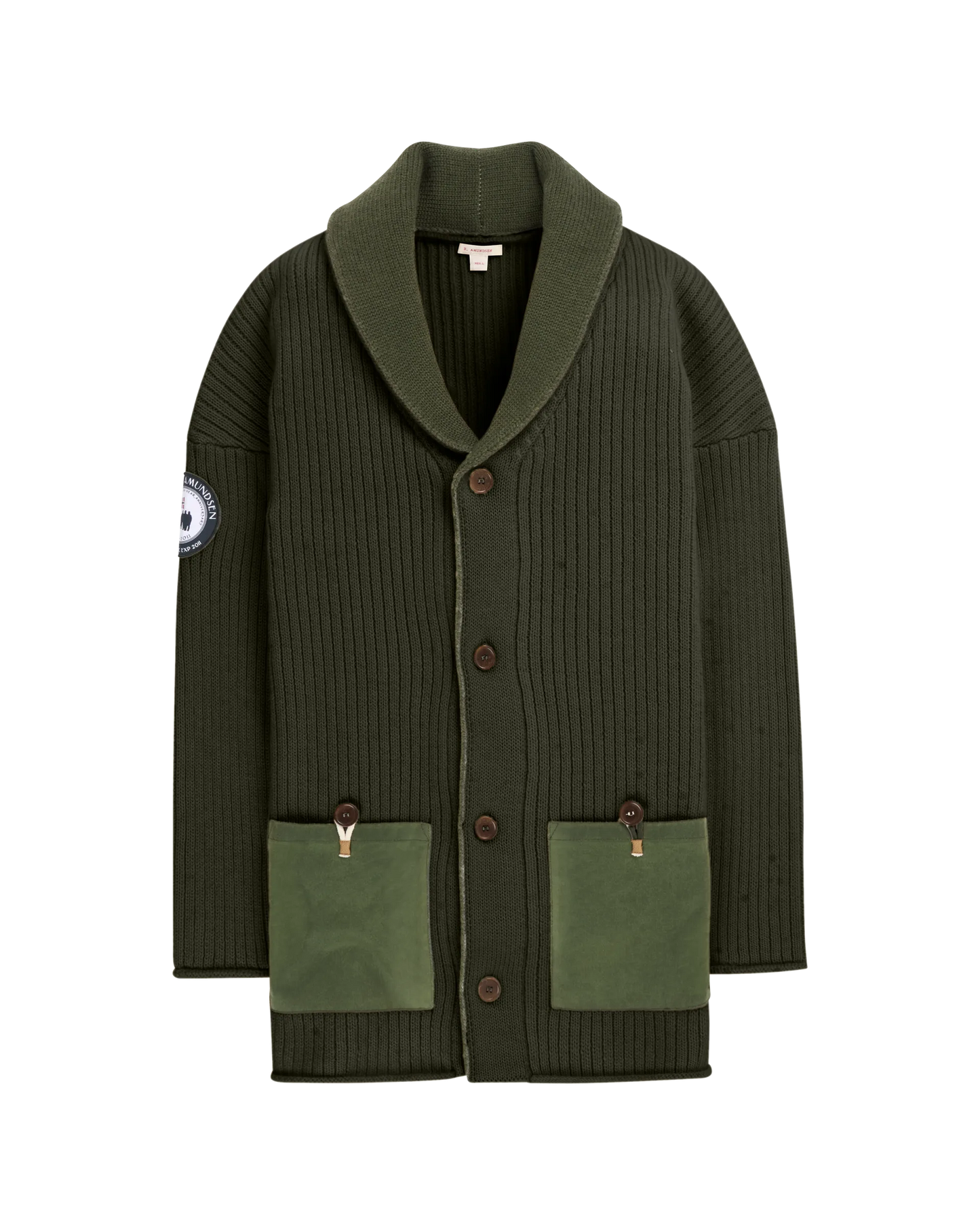 Green cardigan with shawl collar from Amundsen Sports with waxed canvas and cotton. Norwegian winter and fall is the best time to sport this dashing coat.