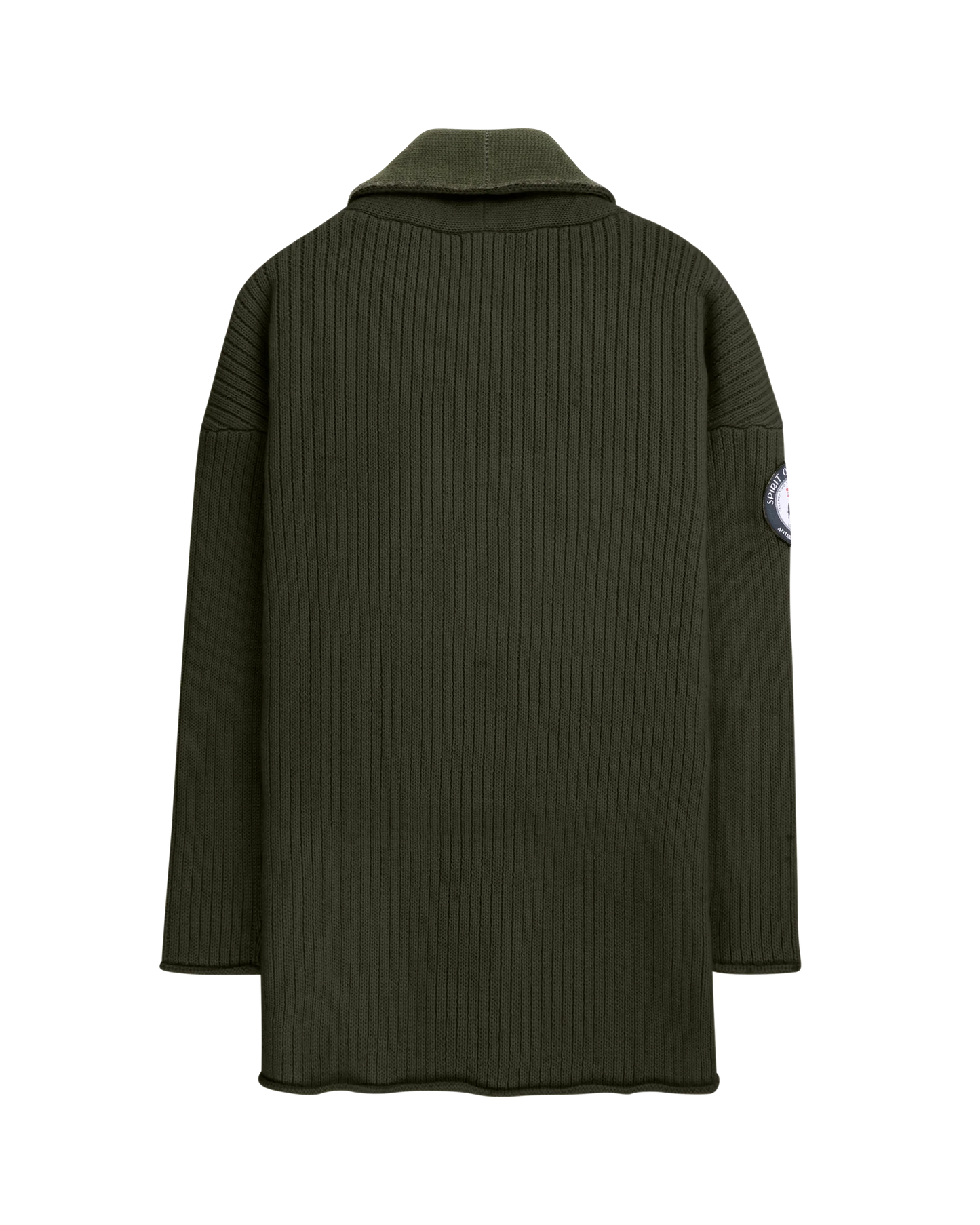 Green ribbed sweater with a Amundsen Sports brand logo on a white background