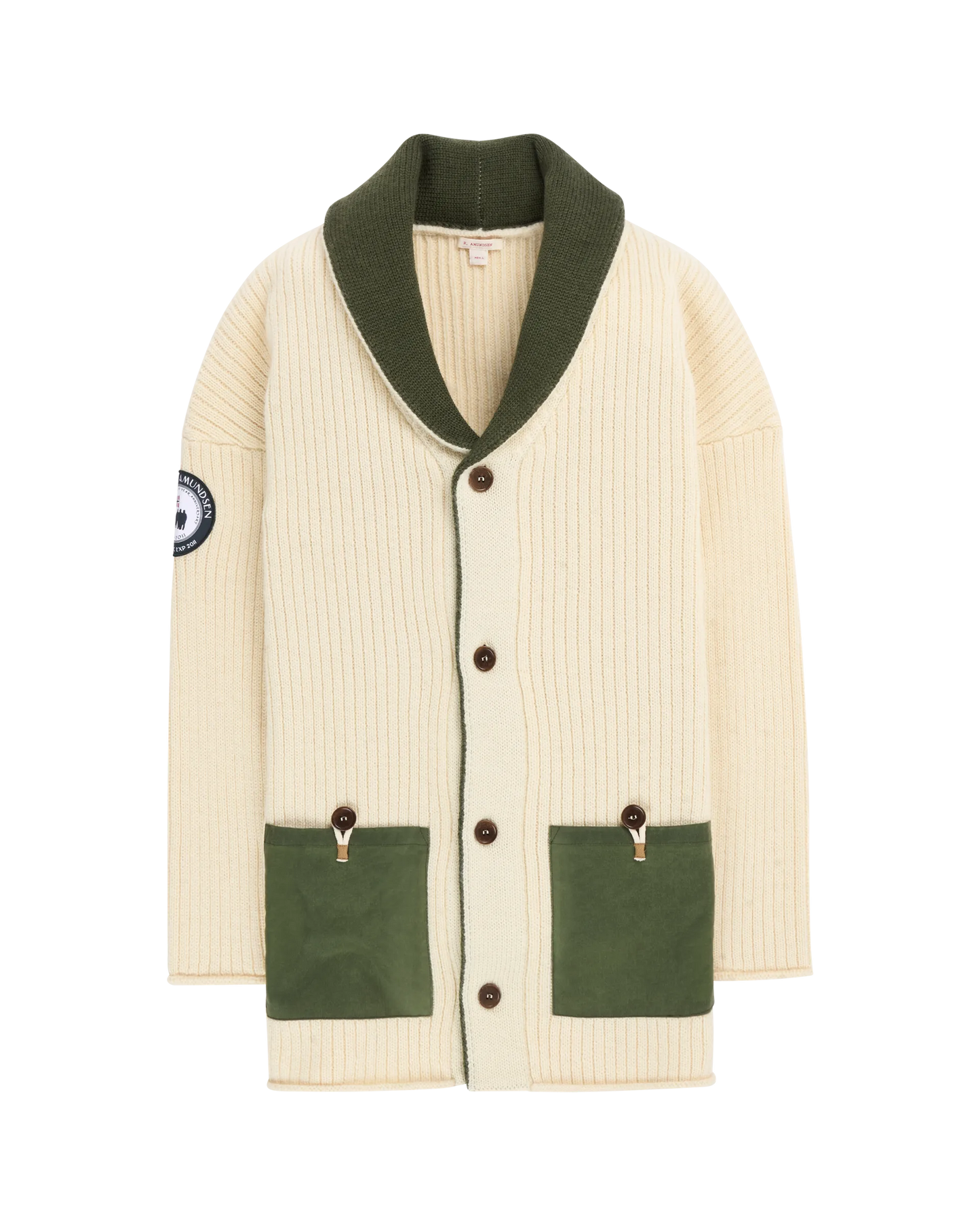 Cream-colored cardigan with green accents from Amundsen Sports and sold at Huset Shop a Scandinavian Store on Abbot Kinney.