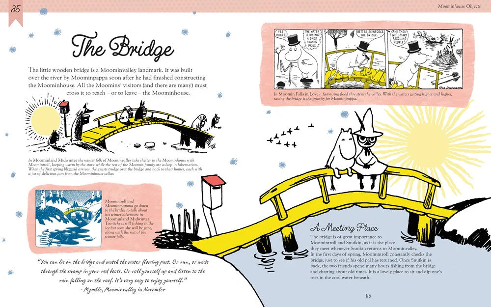 Illustrated book page with a bridge scene featuring characters from Moominvalley.