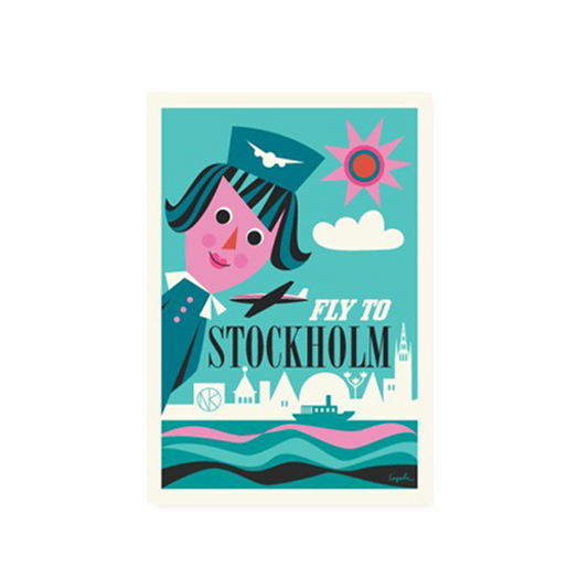 Ingela P. Arrhenius Capital Posters, OMM Design, Modern Scandinavian Design, Fly to Stockholm poster with city in background