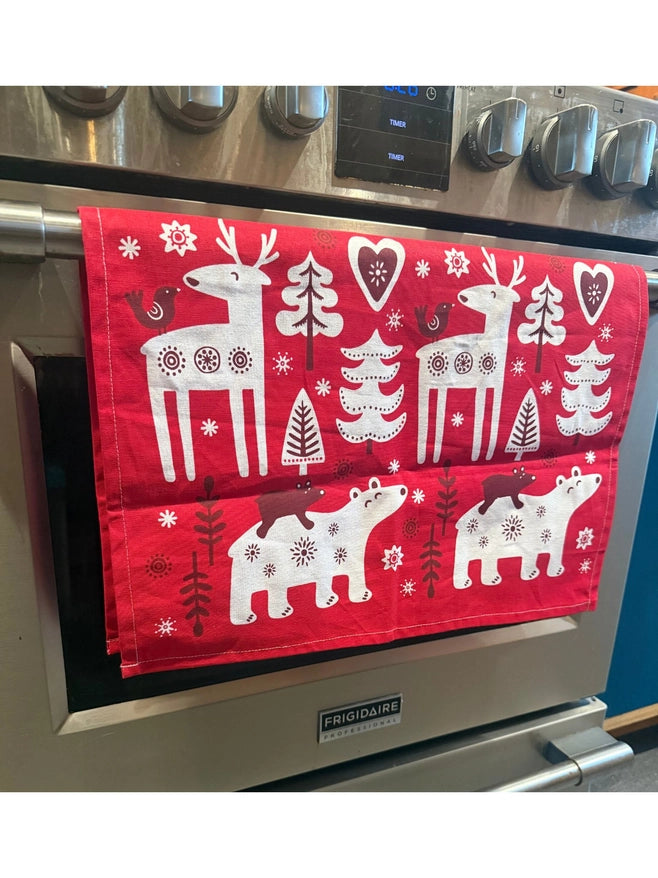 Holiday cotton towels with festive patterns reminiscant of Scandinavia. The Gnome, Dala Horse, Moose, Reindeers, and more all have Swedish workhorse quality. 