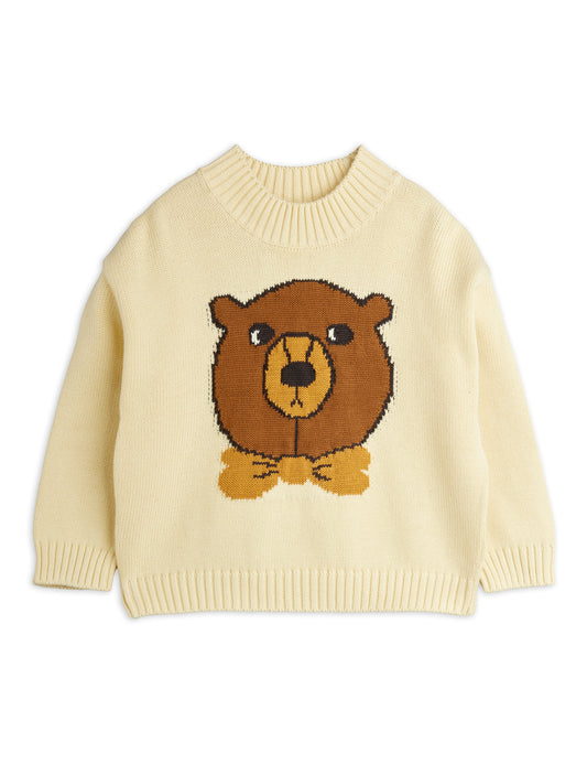 Beige sweater with a bear design on a white background by mini rodini. Swedish kids clothing