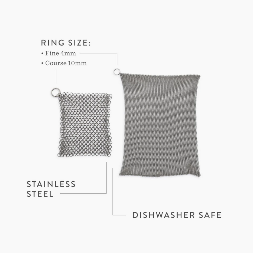 Stainless steel cleaning mesh for use with cast iron skillets and dutch ovens. Textured surface helps to remove stuck-on food, grime, and oil from pans and excels at heavy-duty cleaning. Built to last through years of frequent use and won’t scratch or scar your cookware. Dishwasher safe. An essential cast iron cleaning tool!