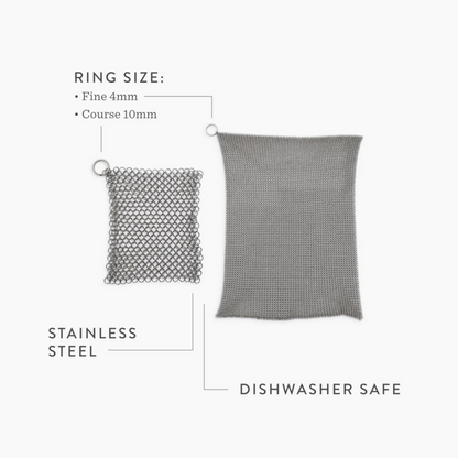 Stainless steel cleaning mesh for use with cast iron skillets and dutch ovens. Textured surface helps to remove stuck-on food, grime, and oil from pans and excels at heavy-duty cleaning. Built to last through years of frequent use and won’t scratch or scar your cookware. Dishwasher safe. An essential cast iron cleaning tool!