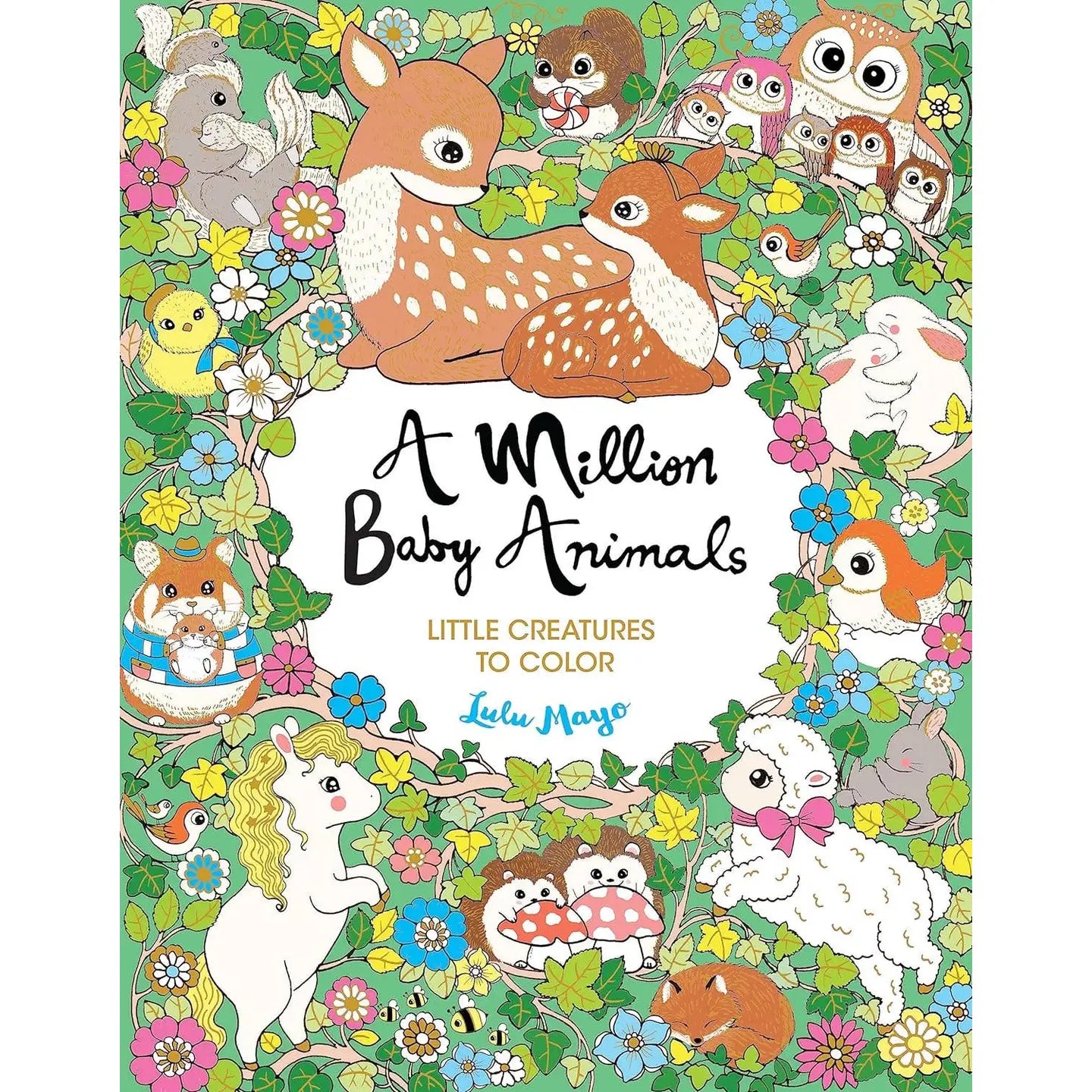 Book cover of 'A Million Baby Animals' with illustrations of various animals and flowers.