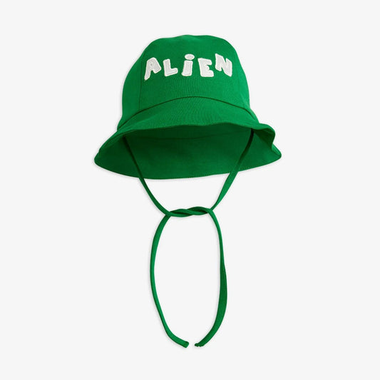 Green bucket hat with 'ALIEN' text on a white background