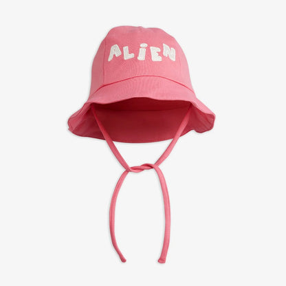 Pink bucket hat with 'ALIEN' text on a white background