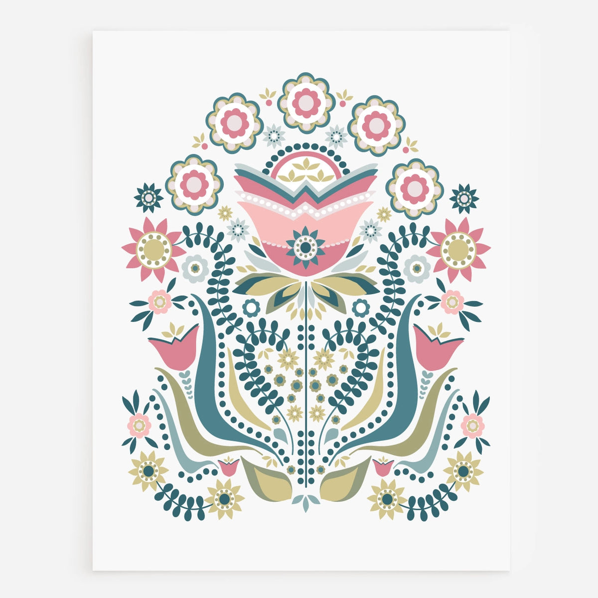 A vertical art print featuring a symmetrical folk-art floral design in pastel pink, teal, sage green, and beige on a white background.