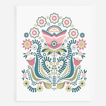 A vertical art print featuring a symmetrical folk-art floral design in pastel pink, teal, sage green, and beige on a white background.