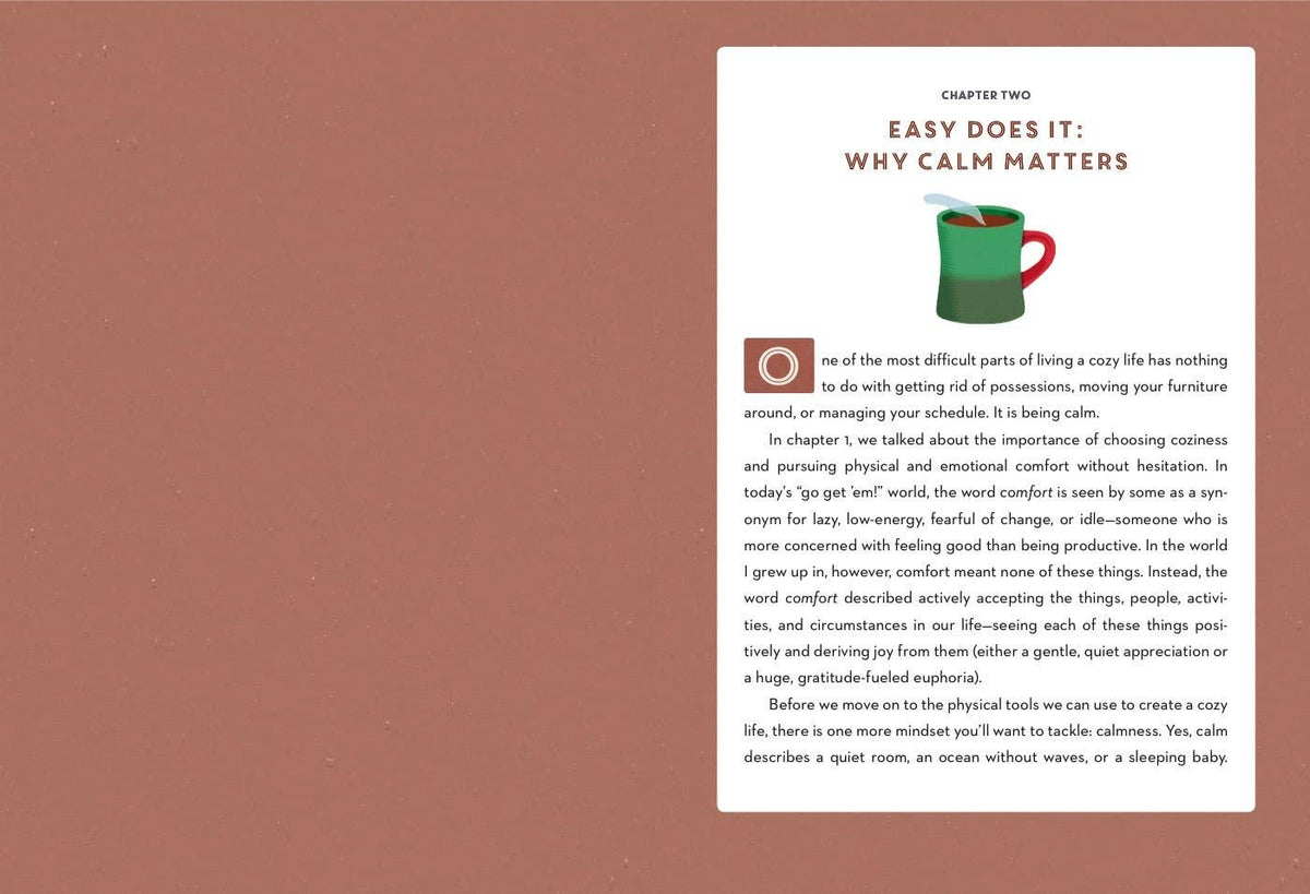 Book page with text and a coffee cup illustration on a brown background