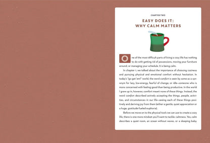 Book page with text and a coffee cup illustration on a brown background