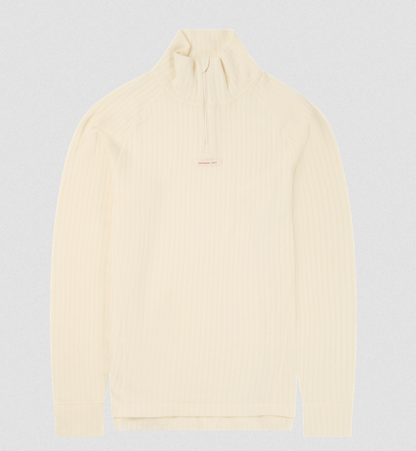 A cream-colored ribbed long-sleeve quarter-zip pullover sweater with a small pink 'BONSAI CULT' logo on the chest, displayed on a light gray background.