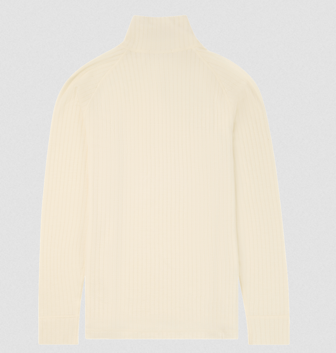 A cream-colored ribbed knit turtleneck sweater shown from the back, featuring a high mock neck and long sleeves, set against a light gray background.