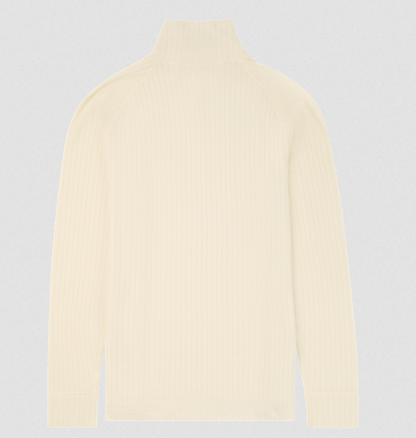A cream-colored ribbed knit turtleneck sweater shown from the back, featuring a high mock neck and long sleeves, set against a light gray background.