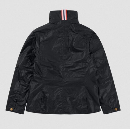 Black lightweight jacket shown from the back, featuring a high collar with a red, white, and blue striped trim and gold-tone snap buttons on the sleeves, photographed against a light gray background.
