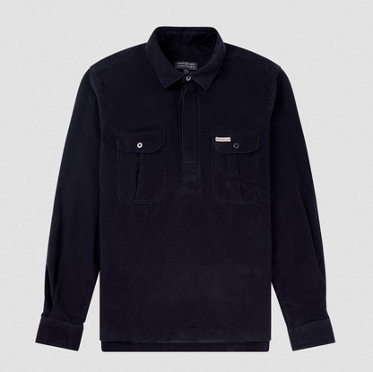 A dark navy corduroy long-sleeve shirt jacket with a buttoned collar, half-placket, and two buttoned chest pockets, displayed on a light gray background.