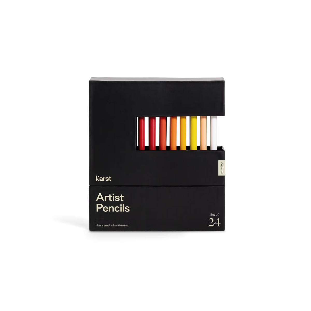 Black box of artist pencils with colorful pencils peeking out on a white background
