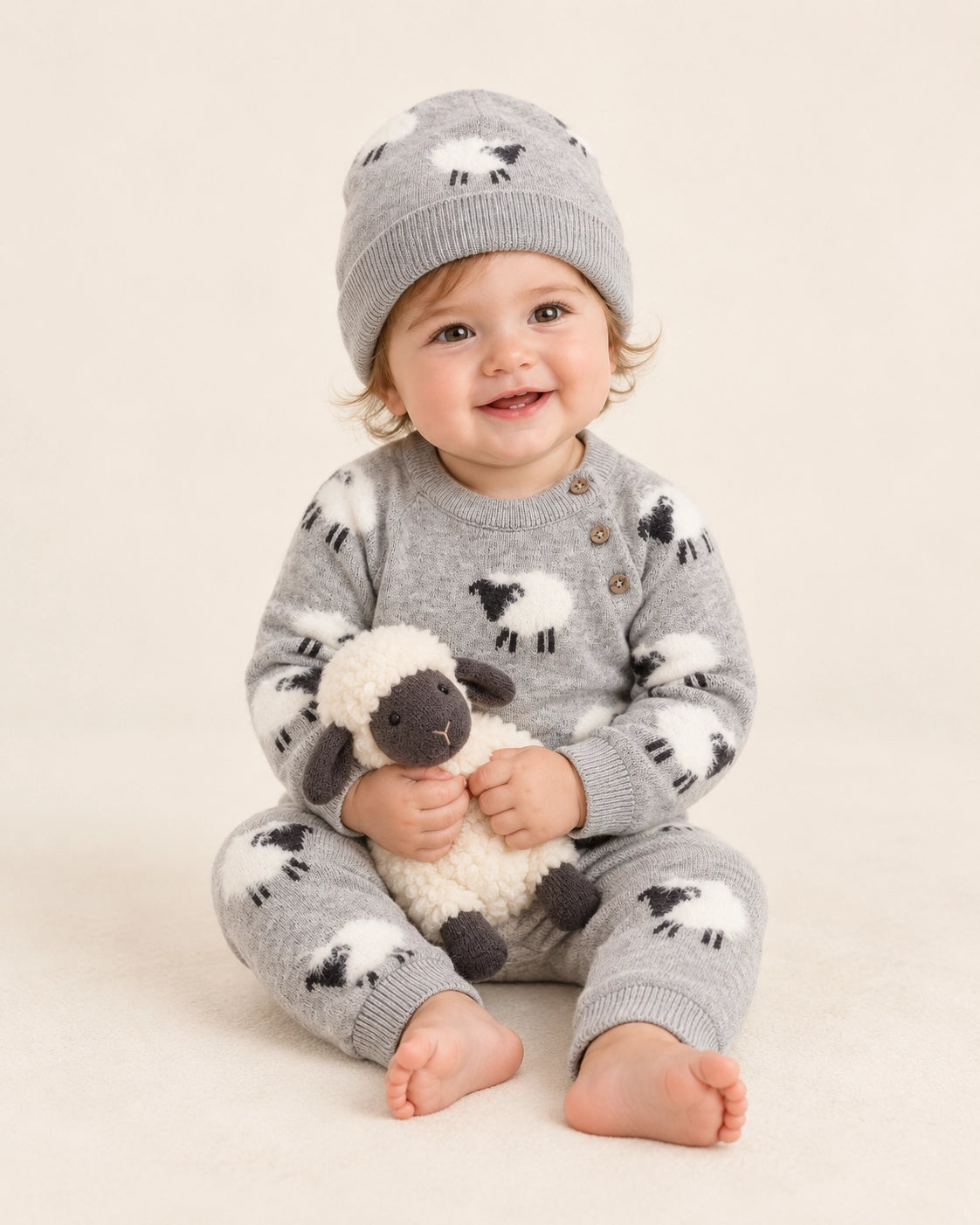 A baby sitting on a cream studio background wearing a gray knit one-piece pajama set with black and white sheep motifs, a matching gray beanie, and holding a small plush sheep toy.