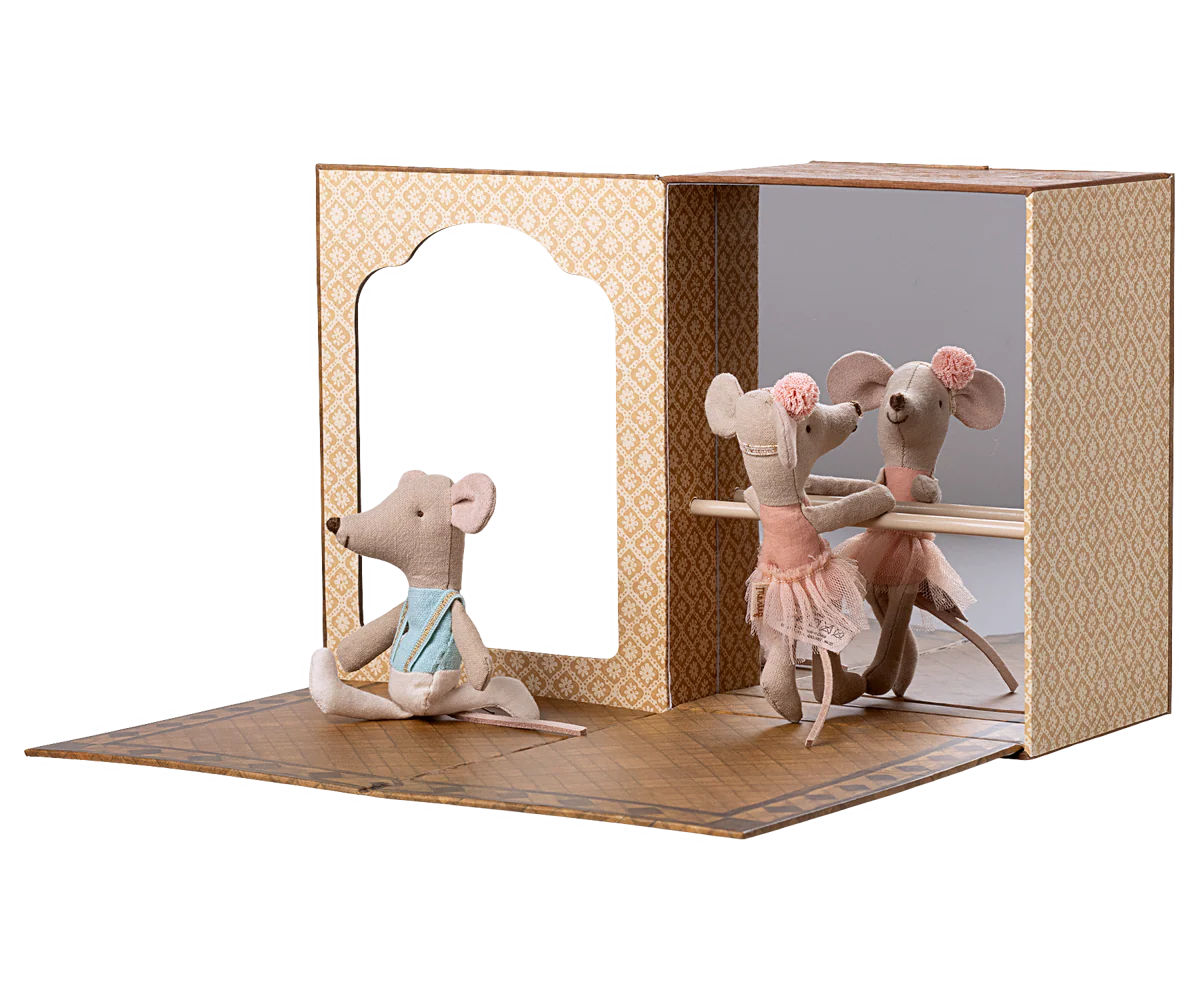 Open the doors of this magical box and explore a world of dance, stardust and storytelling. This set includes a paper box, that is both a dance studio and a cosy mouse house, as well as two mice dressed for hours of dance in their beautiful clothes. The bunk beds and the addition of the studio makes play even for exciting to be able to switch between locations after a long day of dance and be able to get some rest.