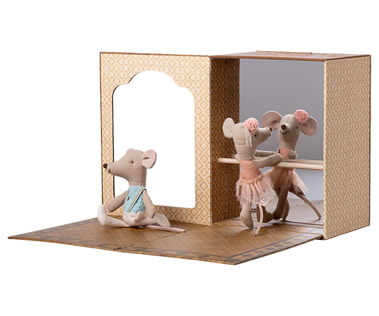 Open the doors of this magical box and explore a world of dance, stardust and storytelling. This set includes a paper box, that is both a dance studio and a cosy mouse house, as well as two mice dressed for hours of dance in their beautiful clothes. The bunk beds and the addition of the studio makes play even for exciting to be able to switch between locations after a long day of dance and be able to get some rest.