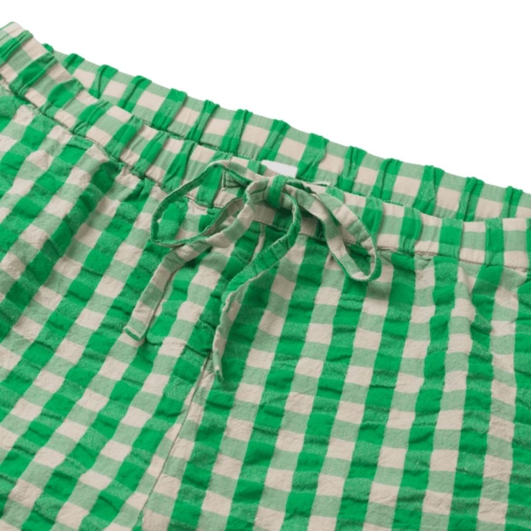 Bæk&Bølge Barbara Lounge Pants, Danish Interior Design, Gingham, Blue, Green, Gray, Soft, Lightweight, 100% organic cotton, Stylish loungewear that takes you from indoor to outdoor and day to night. Make of 100% cotton these danish fashion pieces will feel amazing and make your hot days cooler.