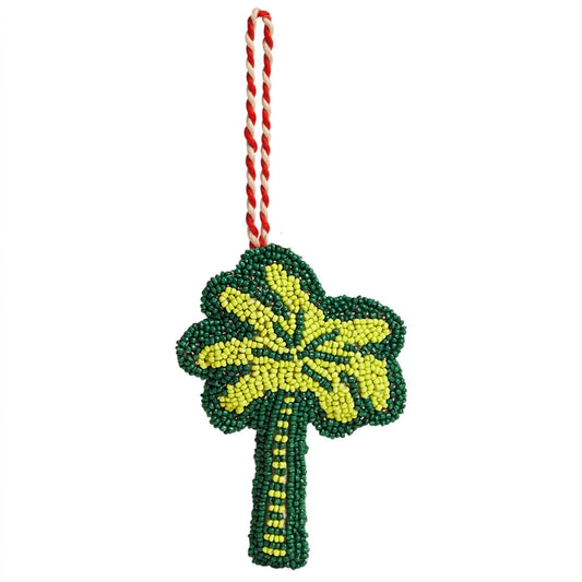 Beaded Green Palm Tree Christmas Ornament on white background