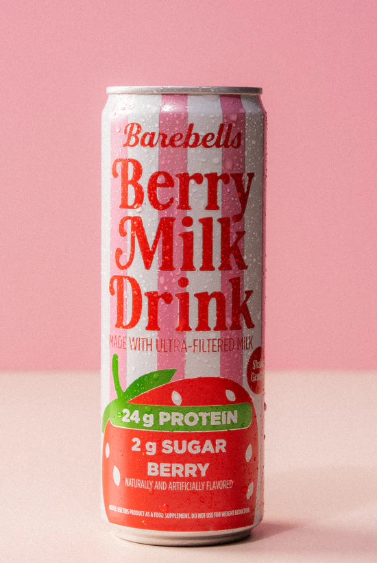 Berry Milk Protein Drink in Can on pink background