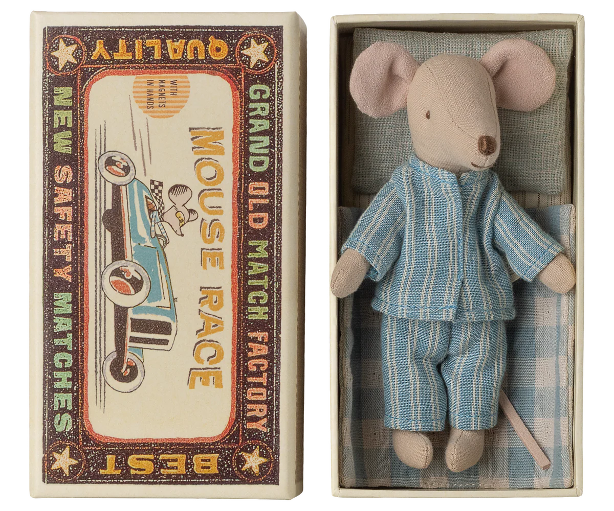 Stuffed mouse toy in a matchbox with a vintage matchbox design.