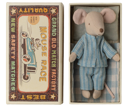 Stuffed mouse toy in a matchbox with a vintage matchbox design.