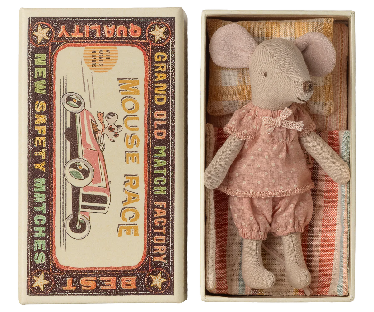 Stuffed mouse toy in a matchbox with vintage-style packaging