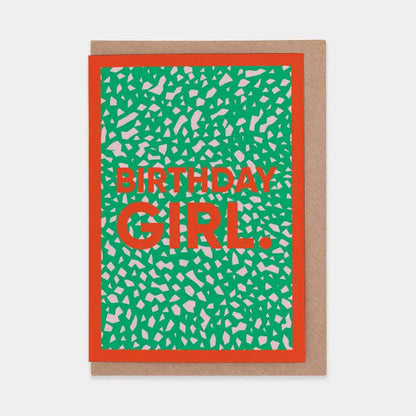Birthday card with 'Birthday Girl' text on a green patterned background