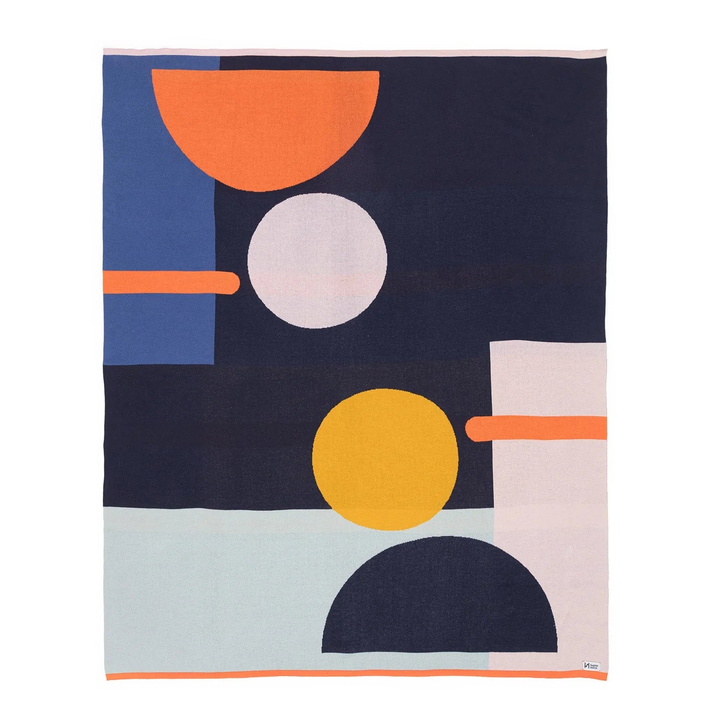 Abstract geometric design on a dark blue background with orange, yellow, and light blue elements.