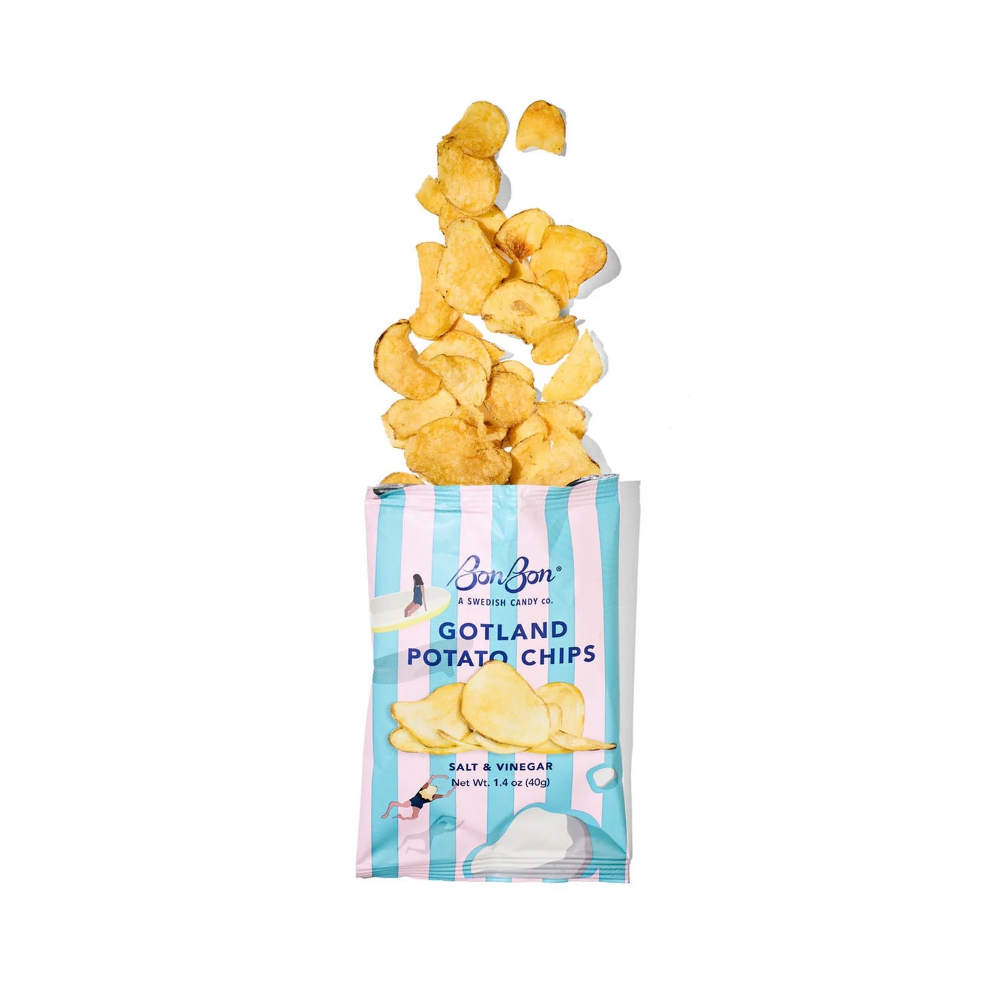 Gotland Potato Chips packaging with chips spilling out on a white background
