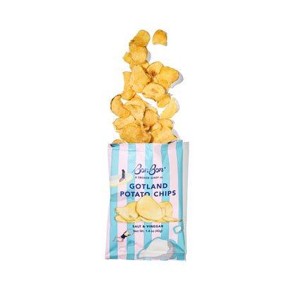 Gotland Potato Chips packaging with chips spilling out on a white background