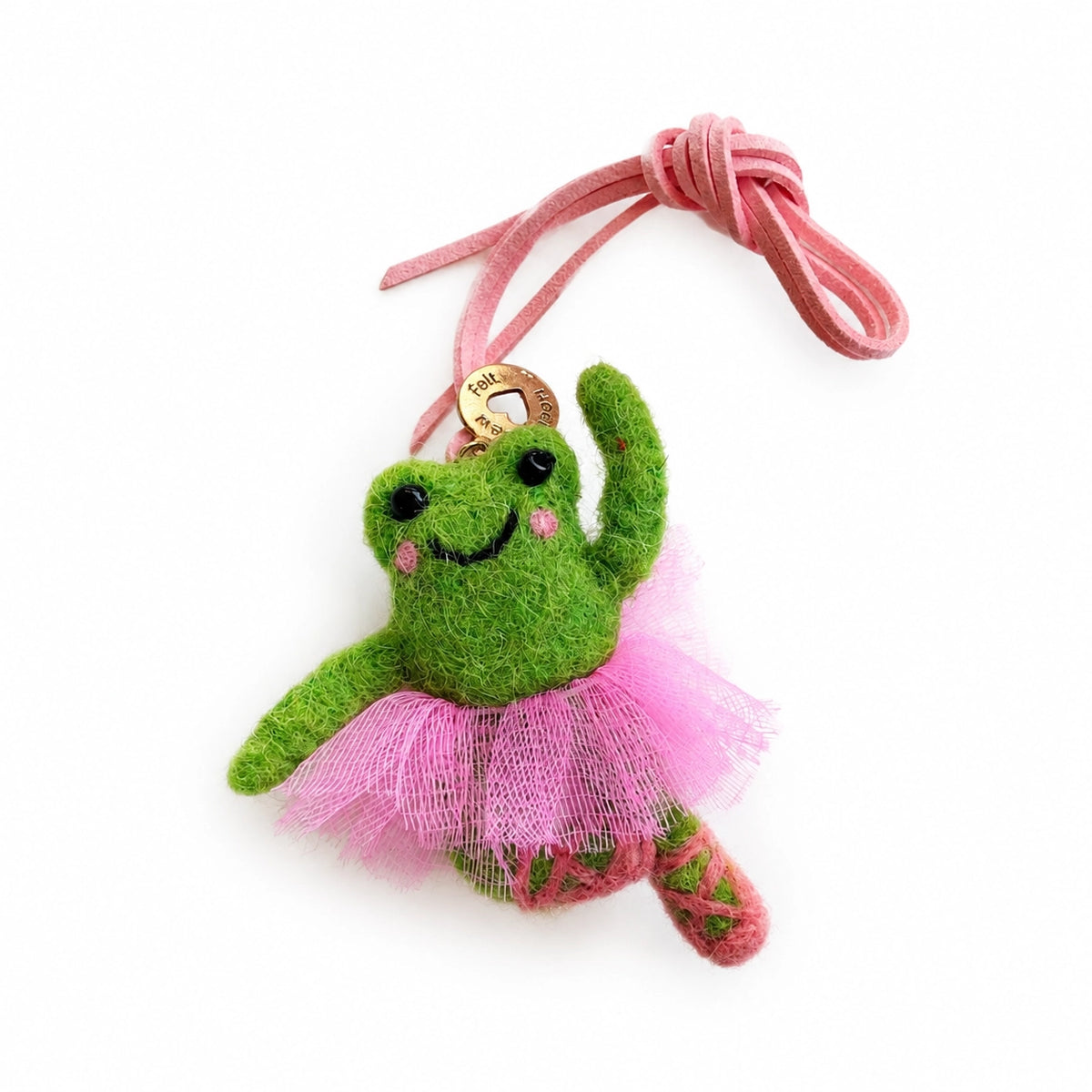 A felted wool ballerina frog charm with a pink tulle tutu and pink cord, shown on a plain white background. Sew heart felt 