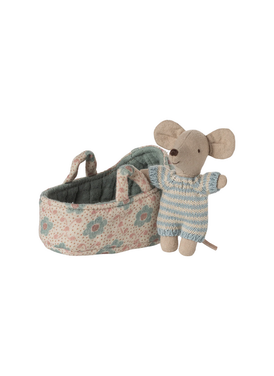Stuffed mouse toy with floral crib on a white background, Scandinavian Gifts in Venice Beach of Los Angeles, Pinterest Board Kids, A small baby mouse in a soft and striped knitted suit. It sleeps for hours in its little quilted carry cot.