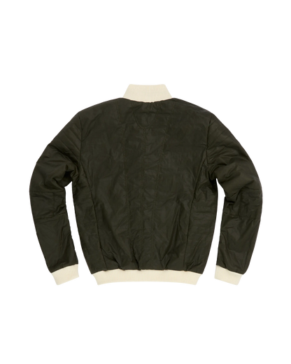 The back view of a dark olive green waxed bomber jacket with contrasting cream ribbed trim at the collar, cuffs, and hem, displayed on a solid white background.
