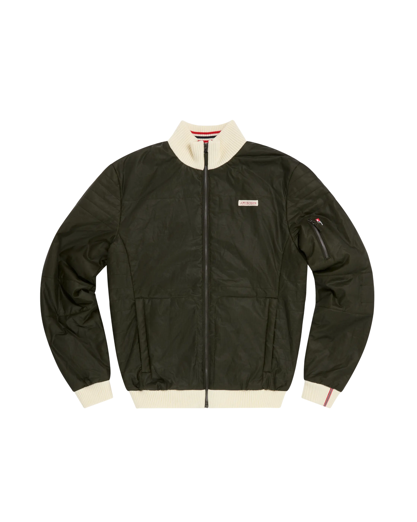 An olive green waxed cotton bomber jacket with cream ribbed trim on the collar, cuffs, and hem, featuring a front zipper, zippered sleeve pocket, and a small rectangular brand patch on the left chest.