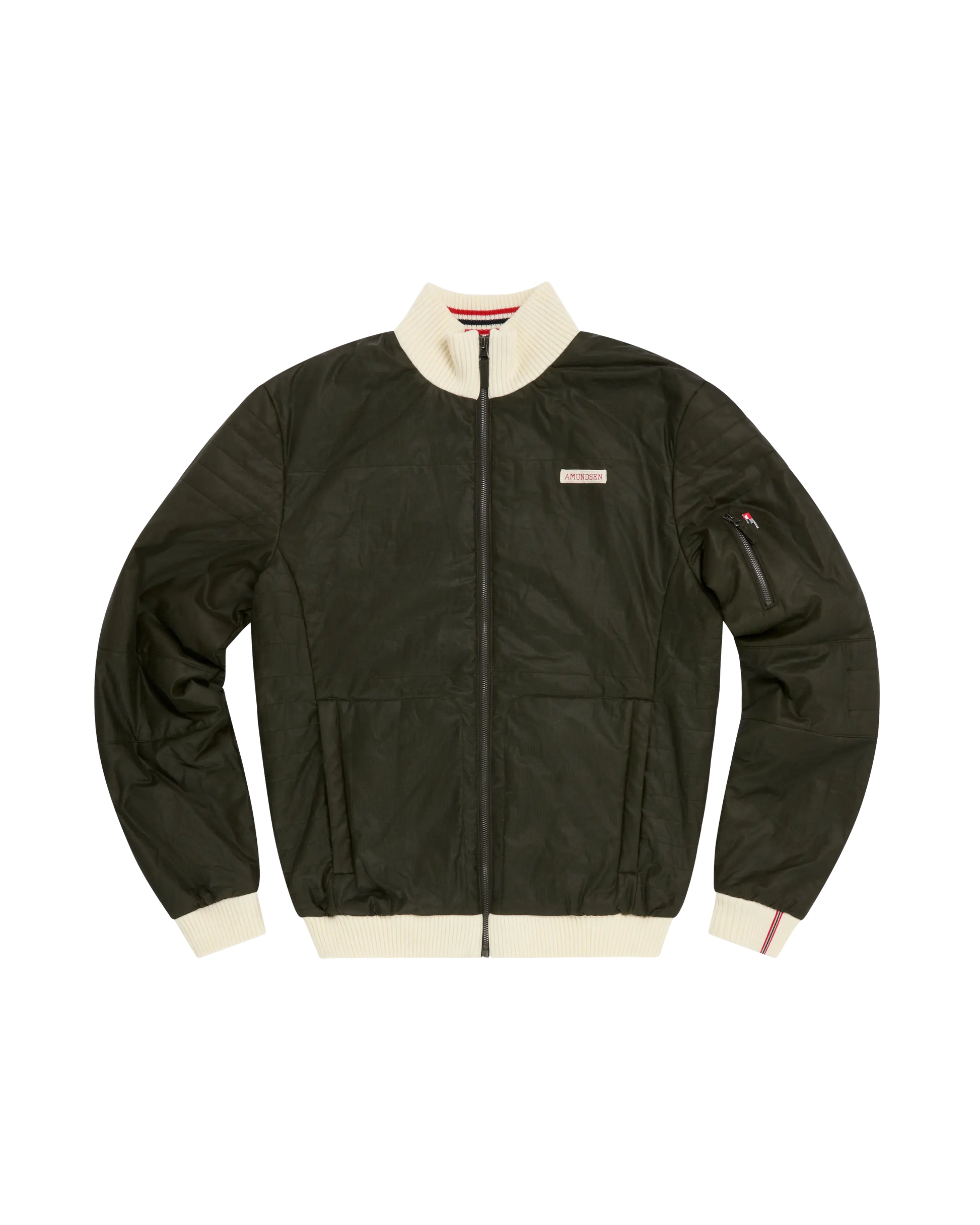 An olive green waxed cotton bomber jacket with cream ribbed trim on the collar, cuffs, and hem, featuring a front zipper, zippered sleeve pocket, and a small rectangular brand patch on the left chest.