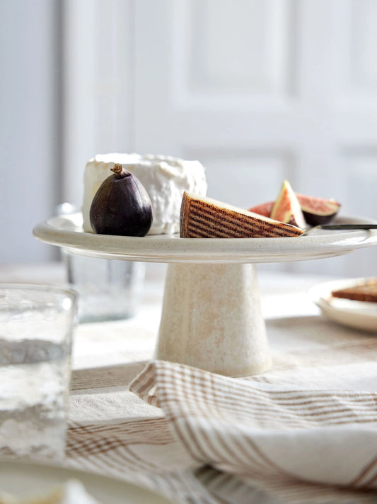 Cake Stand with Cheese and Fig on White Plaid Tablecloth
