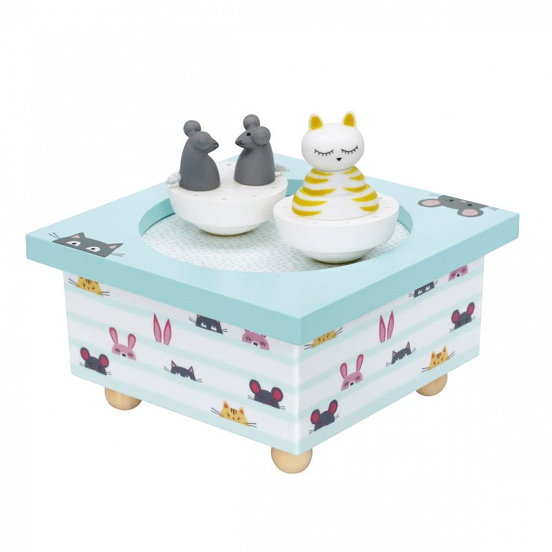 Decorative music box with cat and mouse designs on a white background