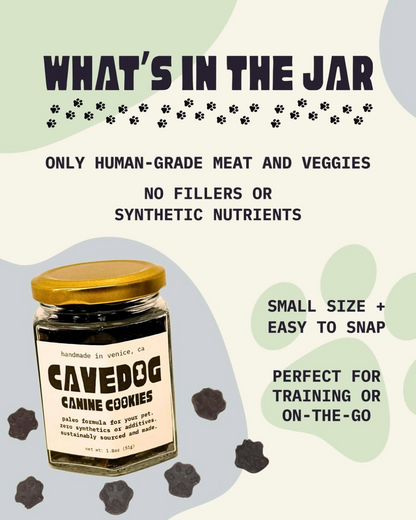 A jar of Cavedog Canine Cookies with a gold lid and white label, shown on a light cream background with green abstract shapes and text describing the product as human-grade meat and veggies.