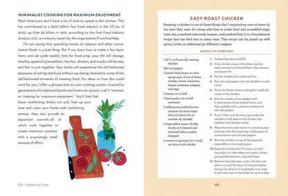 Page from a cookbook with text and illustrations of ingredients on a beige background