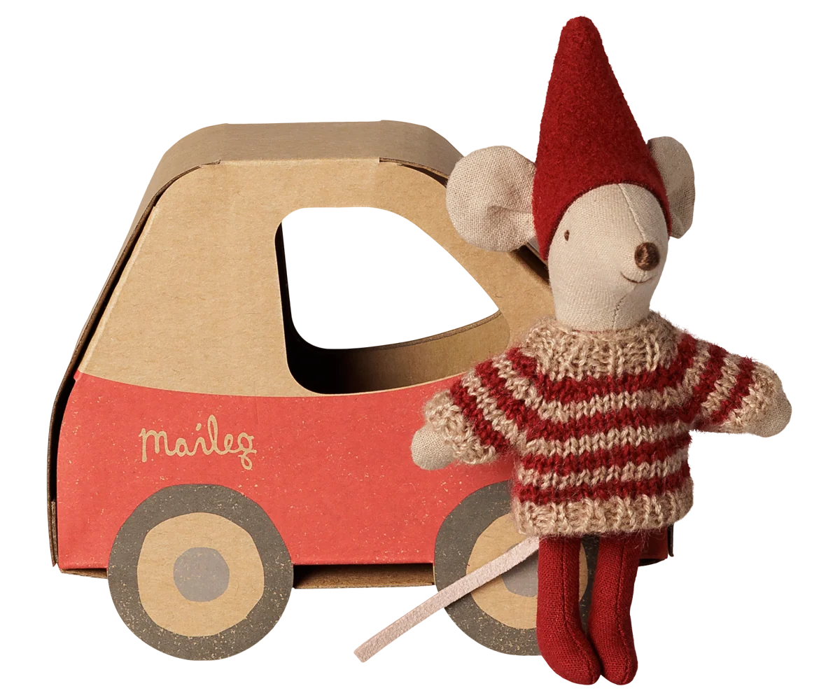 Little Mouse Stuffed Animal in Red Hat and Striped Sweater standing in front of Red Car