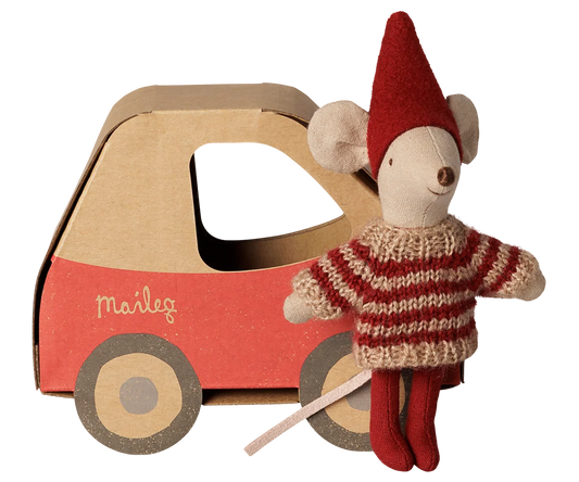 Little Mouse Stuffed Animal in Red Hat and Striped Sweater standing in front of Red Car