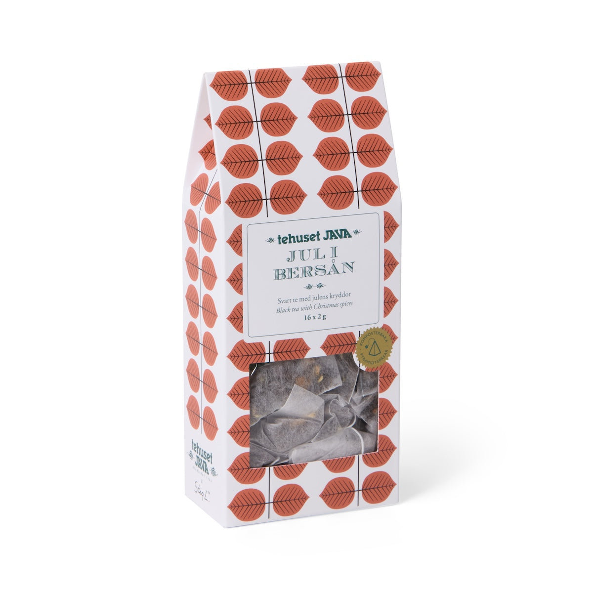 Tea bags with a Christmas blend of black tea flavored with apple, cloves, cinnamon and orange. Beautifully wrapped in a package with Stig Lindberg's famous Berså pattern.