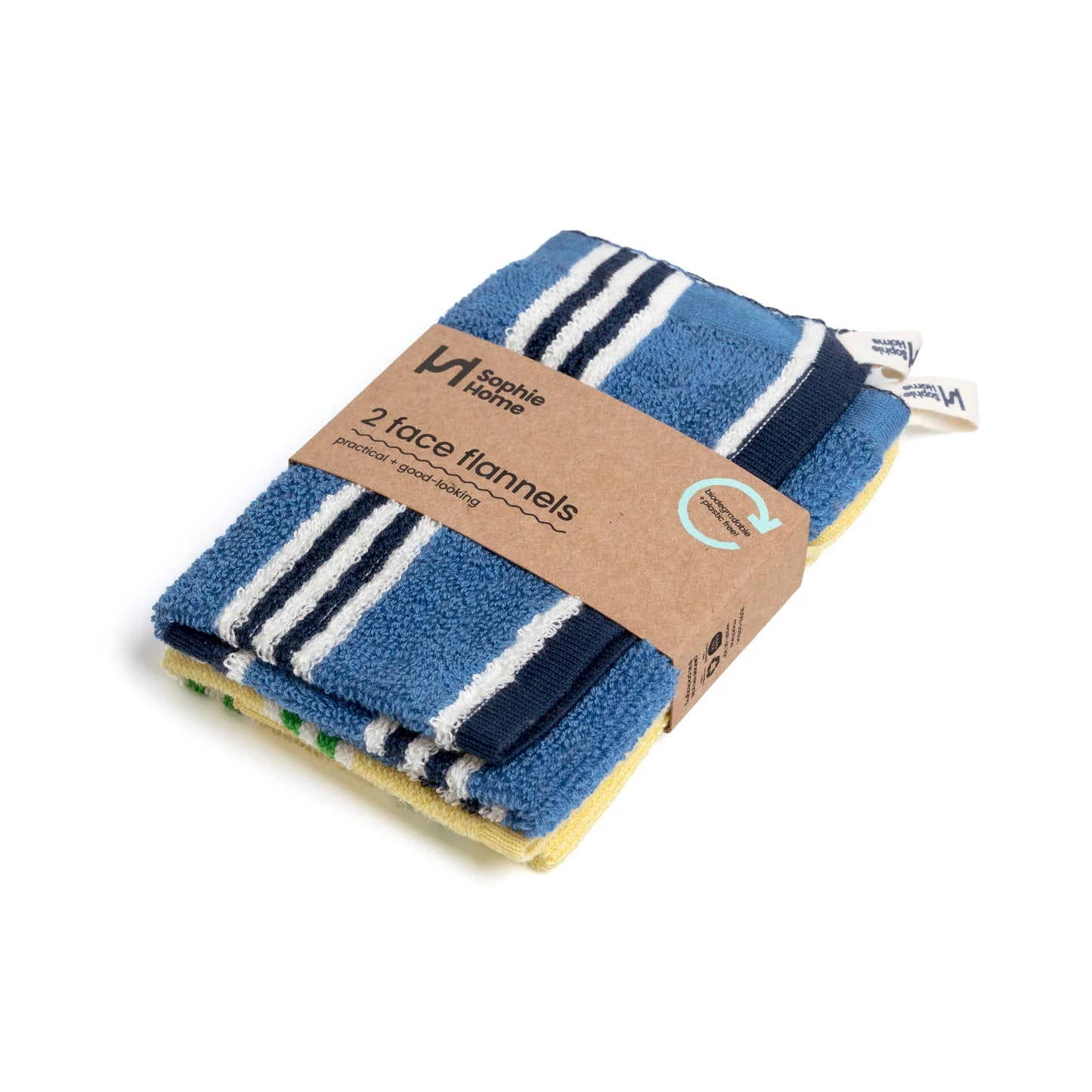 Pack of blue face flannels with a brown label on a white background